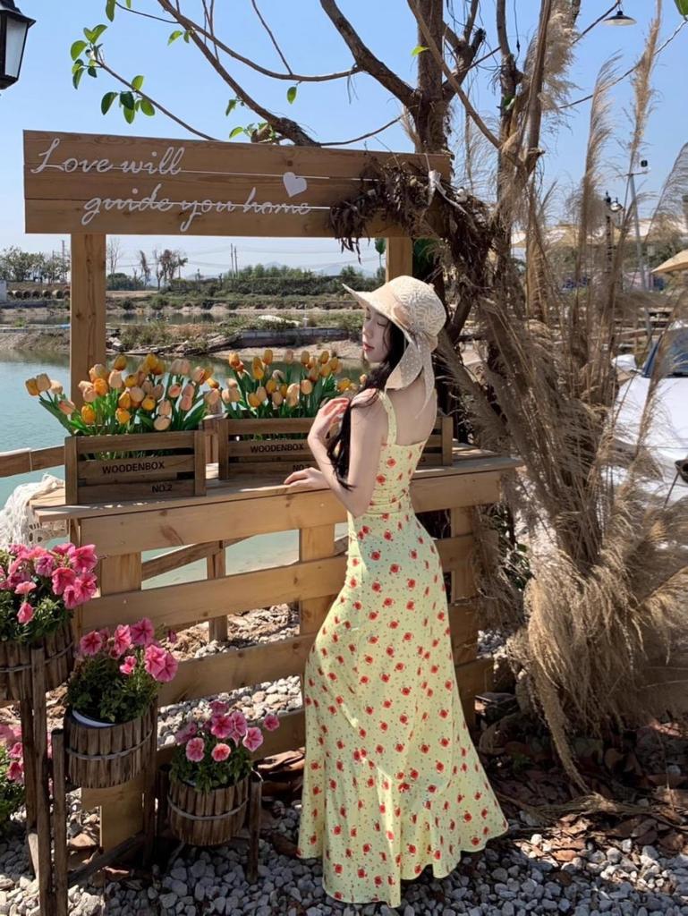 2025 Sommer Retro Französisch Gelb Floral Meerjungfrau Maxikleid