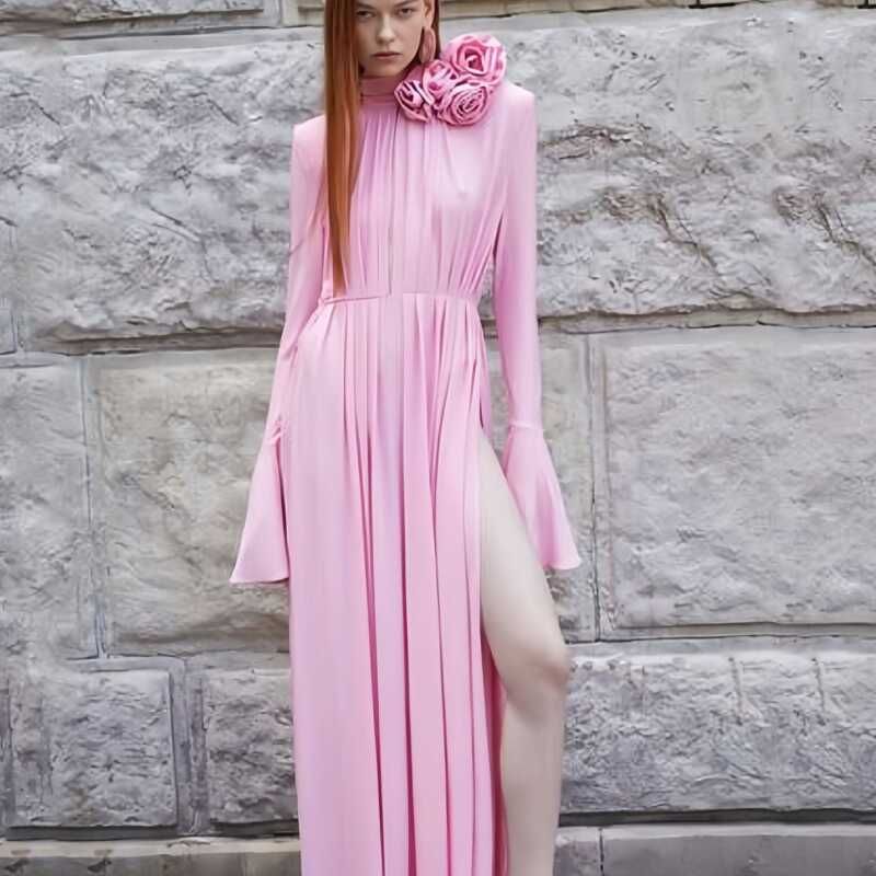 

Pink Holiday Dress Pink Vacation Photo Dress Ruched Drape Three-Dimensional Flower Dress for Women Pink M