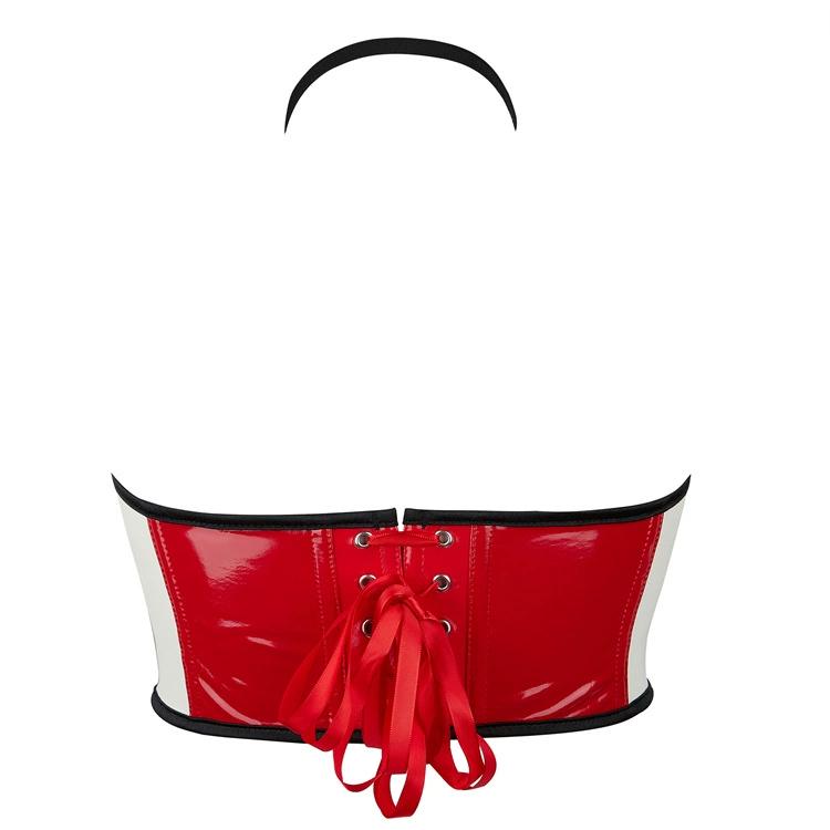 JYL TS PU leather neck hanging black, white, and red color patchwork chest support sexy top