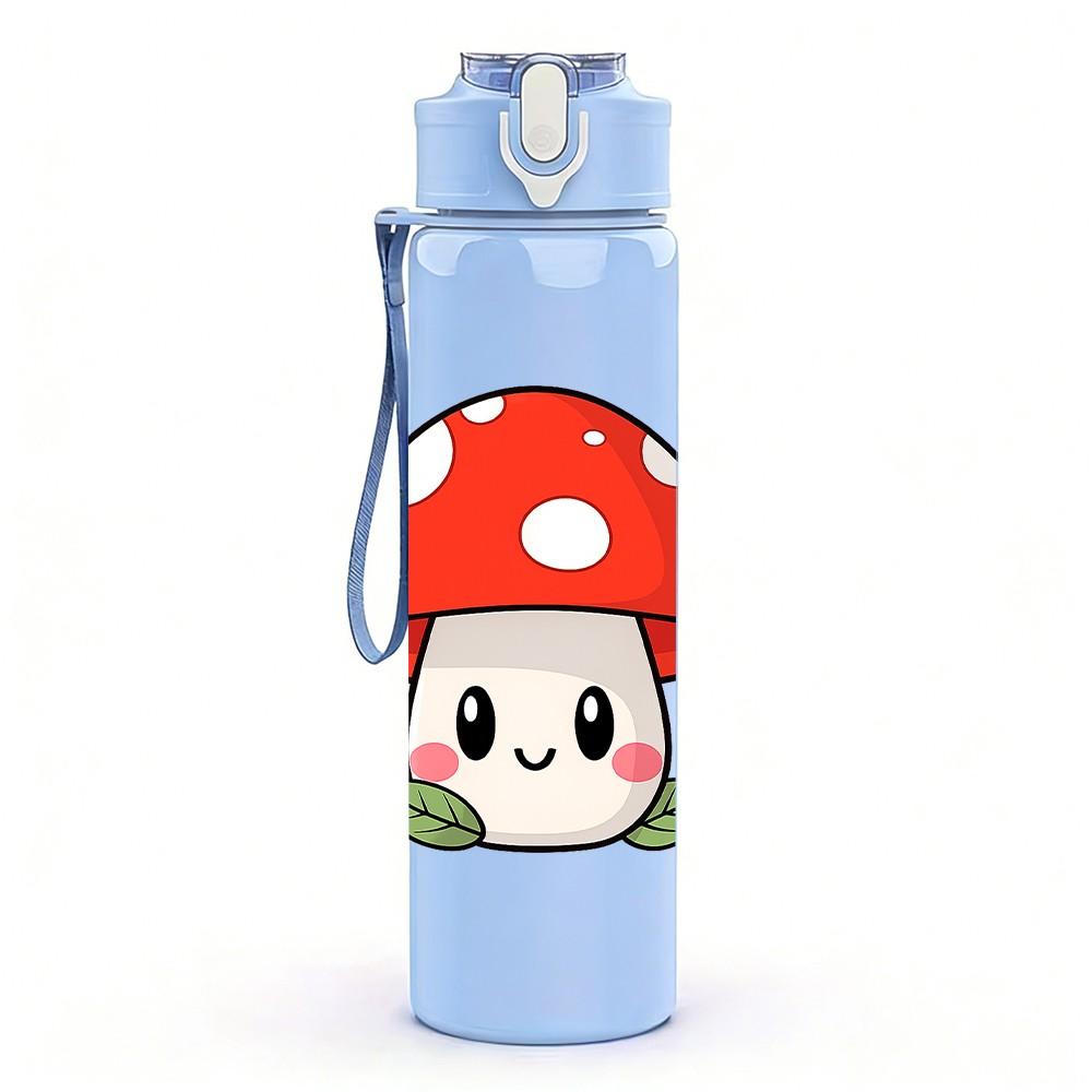 1PC Mushroom Cartoon Pattern 750ml Color Plastic Sports Water Bottle Leakproof Flip Straw Lid Suitable for Sports Office Home Use