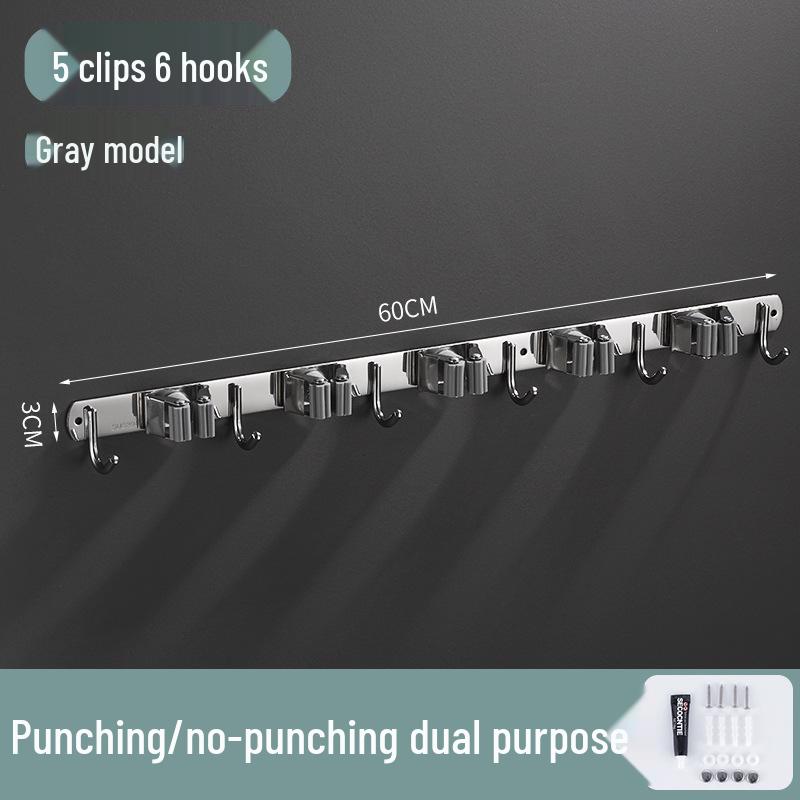 Stainless Steel Punch-Free Mop Holder with Black & Green Clips for Bathroom or Balcony Storage