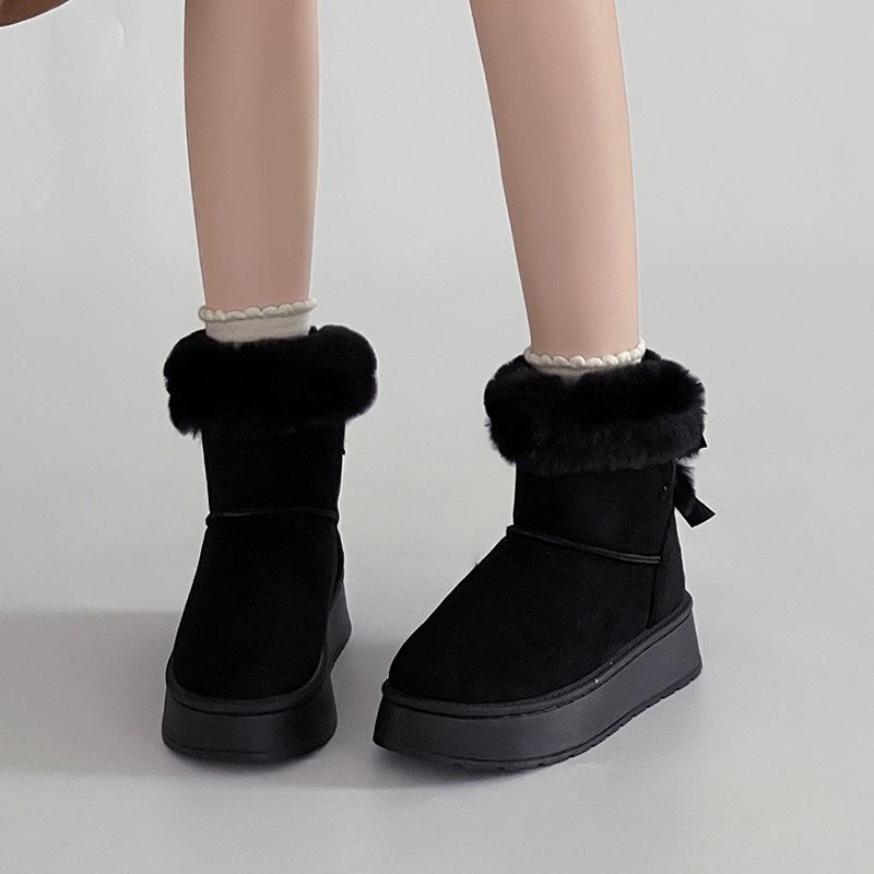 Mote Mori hår korte støvletter flenset plattform snøstøvler dame 2025 vinter retro bak snøring fløyel store bomullssko