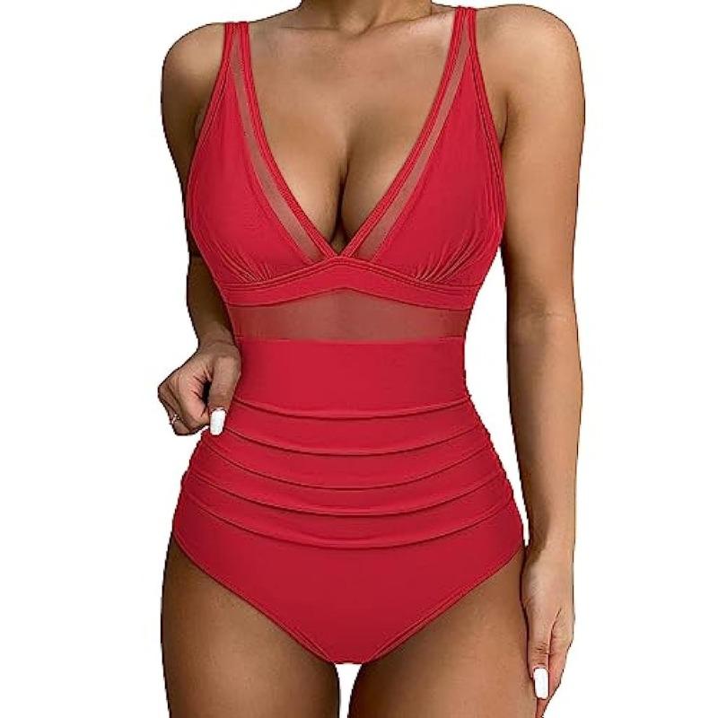 One-piece swimsuit sexy cutout mesh deep V gather perspective bikini bikini swimsuit