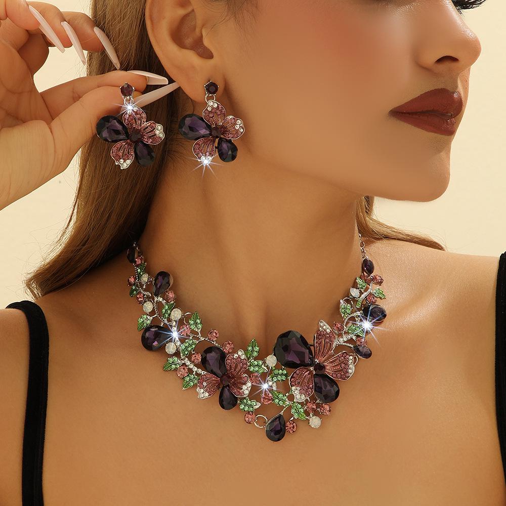 European & American Crystal Gemstone Floral Necklace & Earring Set - Colorful Evening & Bridal Accessories