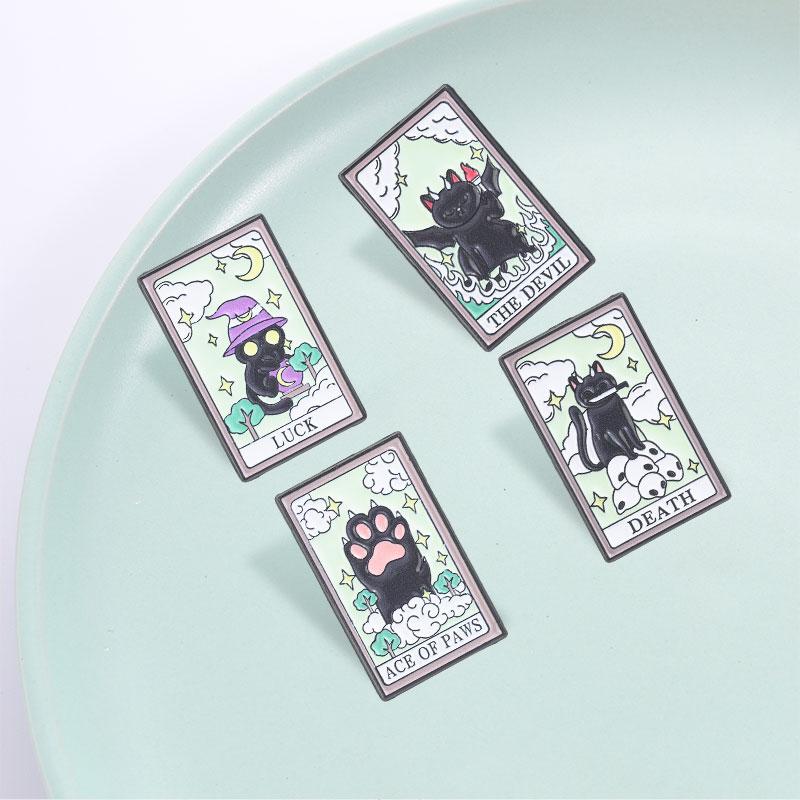 Black Cat Tarot Card Enamel Pins Gothic Mystical Cartoon Kitten Brooches Ace of Paws Lapel Badge Witchy Jewelry Gift for Friends