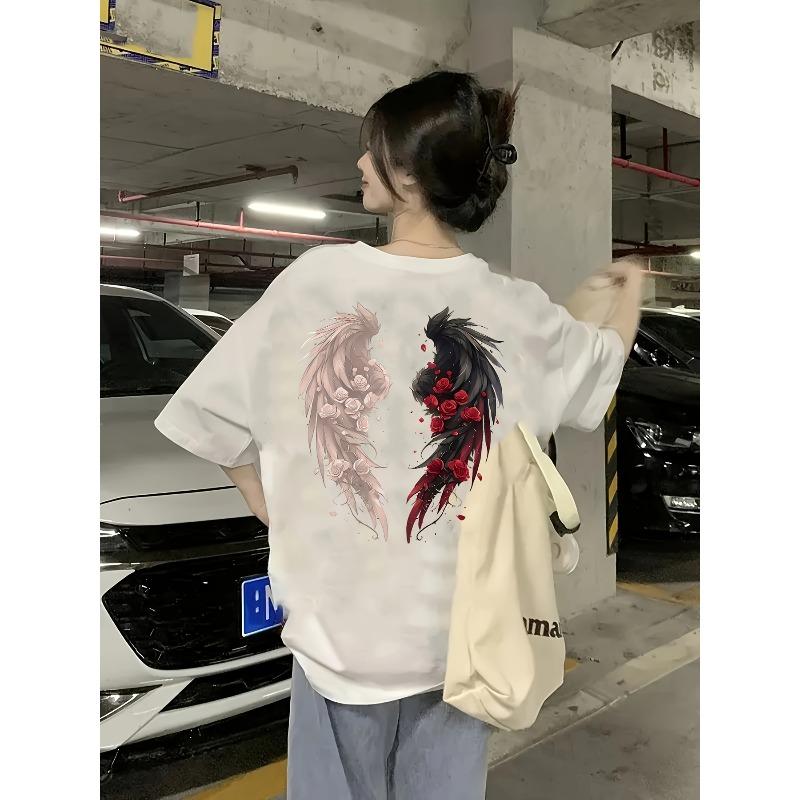 

Унисекс футболка с графическим принтом «Розы и Крылья» Свободный крой Короткий рукав Яркий принт Легкая смесь полиэстера Повседневный Стильный Летний Повседневный Топ S белый