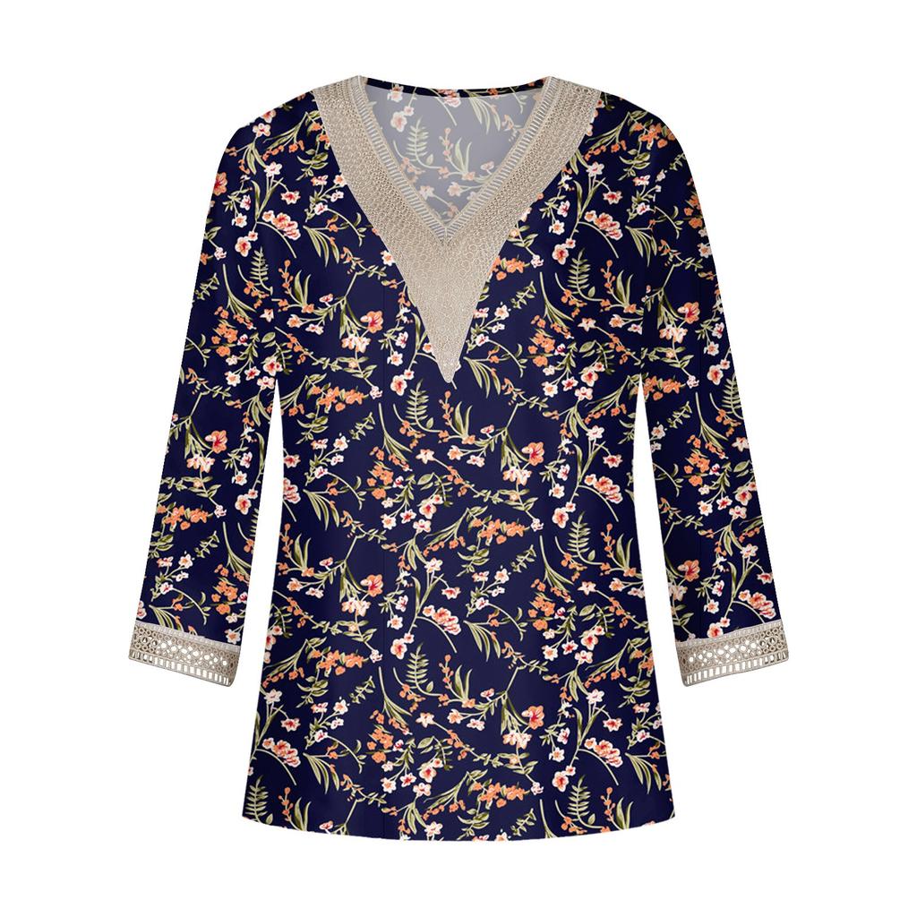 Skjortebluse for kvinner Uformelle løse skjorter 3/4-ermet blondekant med V-hals trykk Topper T-skjorter T-skjorte