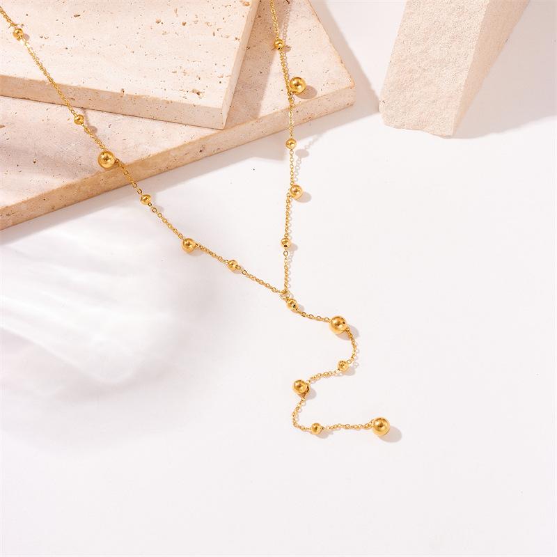 Gold Plated Stainless Steel Lariat Necklace with Beaded Drop Chain for Women золотой