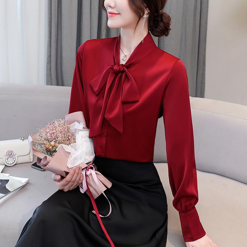 1116 white shirt women's design sense niche autumn long-sleeved top fashion acetic acid satin temperament lace-up chiffon