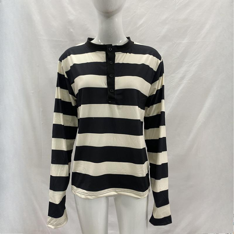 Top de Calle Retro a Rayas con Estampado Oscuro Personalizado Y2K Europeo y Americano, Cuello Redondo, Botones, Manga Larga, Tendencia