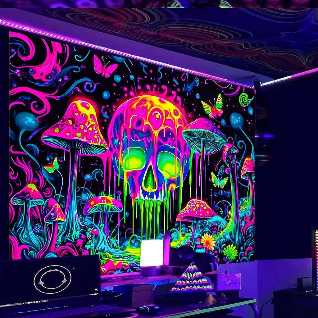 Nuxovilar UV Reactive Tapestry – Skull and Mushroom Scene Blacklight Wall Hanging, Enchanted Forest Glow Art for Bedroom and Living Room Decor,