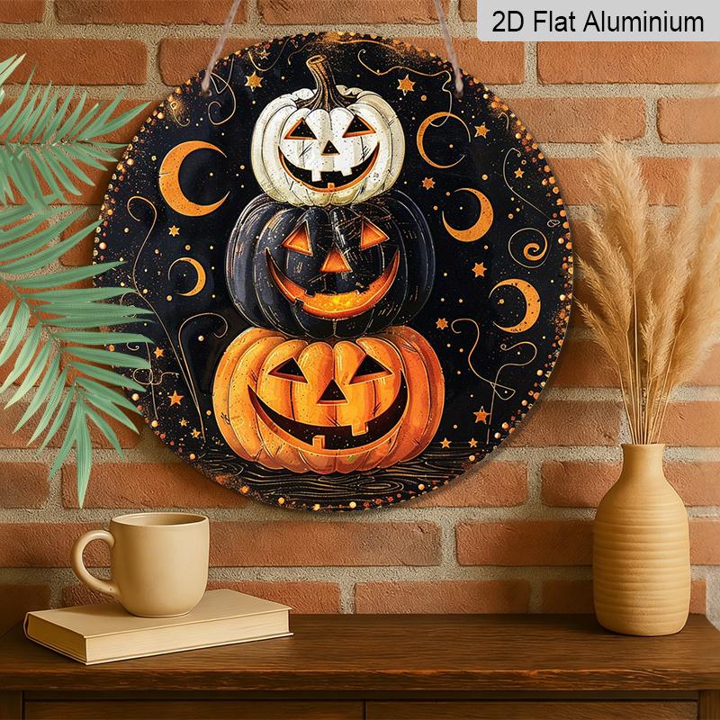 2D Flat, 1pc Round Aluminum Hanging Sign, Halloween Wall Decor-Retro Pumpkin Magic Night Metal Art with Glowing Pumpkin Lanterns, Bats And