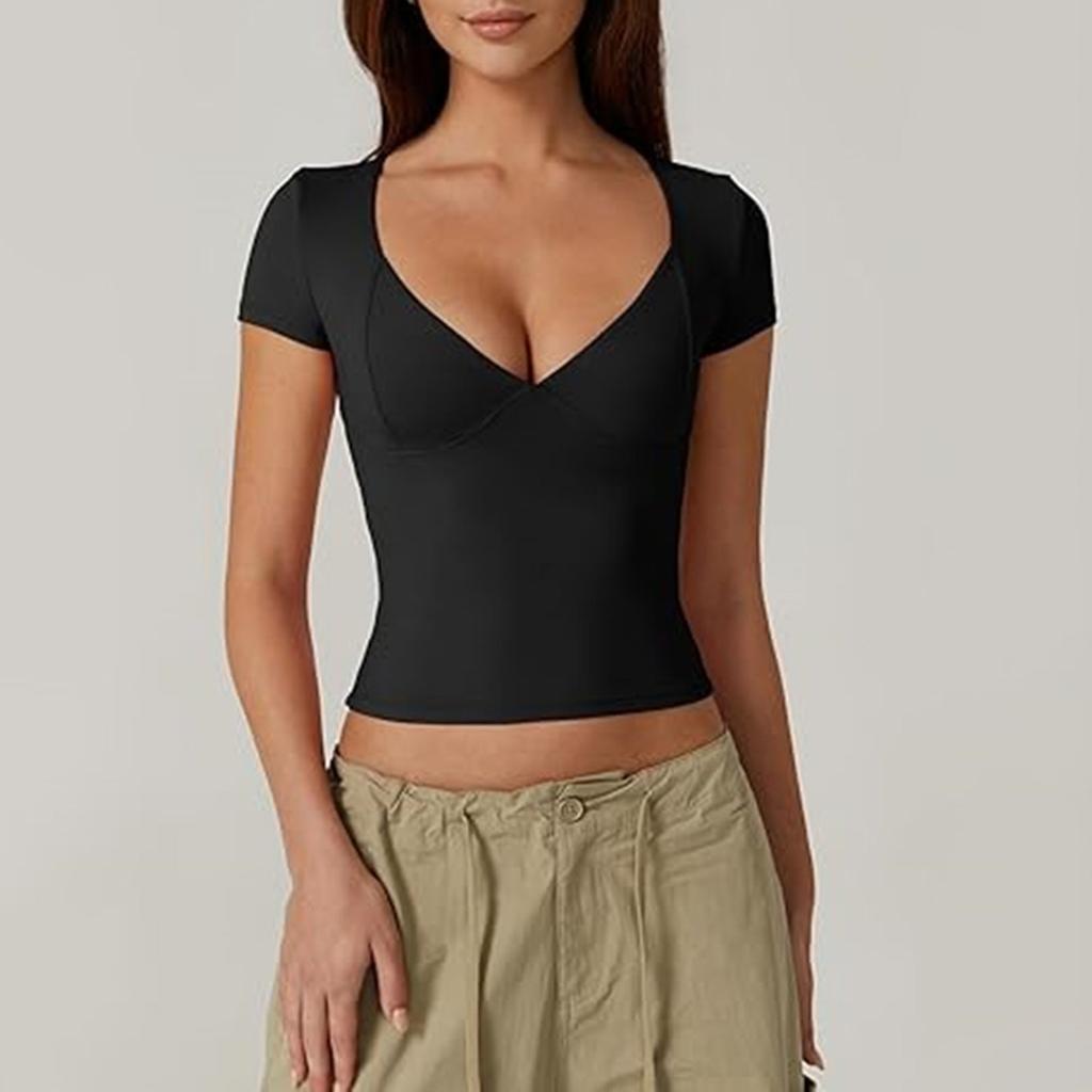 Damen Top Eng anliegendes T-Shirt V-Ausschnitt Top Mit Unten Kurzärmelig Sexy Solor Top T-Shirt