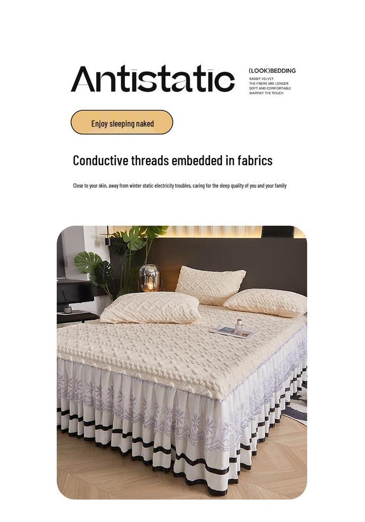 Thickened Taffeta Bed Skirt Set: Korean Style Lace Bedspread & Mattress Cover (3-Piece, Solid Color)