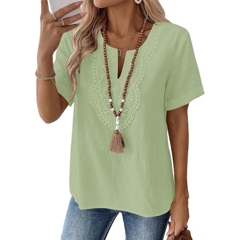 Women's Boho V‑Neck Lace Embroidered Short Sleeve Regular Fit Casual Solid Polyester Blouse Top