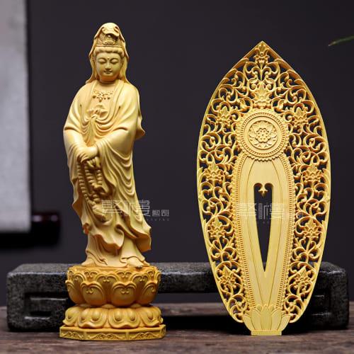 Standing Kannon Bodhisattva Statue, Buddhist Altar Statue, Wood Carving, Arabesque Halo, Boxwood, Prayer, Protection from Evil, Hanro Art Carving (27c