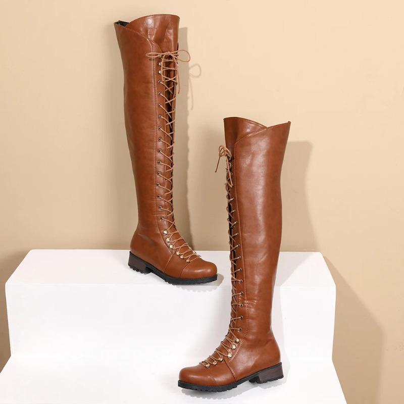 Fashion New Retro Riding Lace-up Women Flat Thigh Boots Western Over The Knee Boots Fashion Women Shoes Round Toe Long Boots Winter 2025