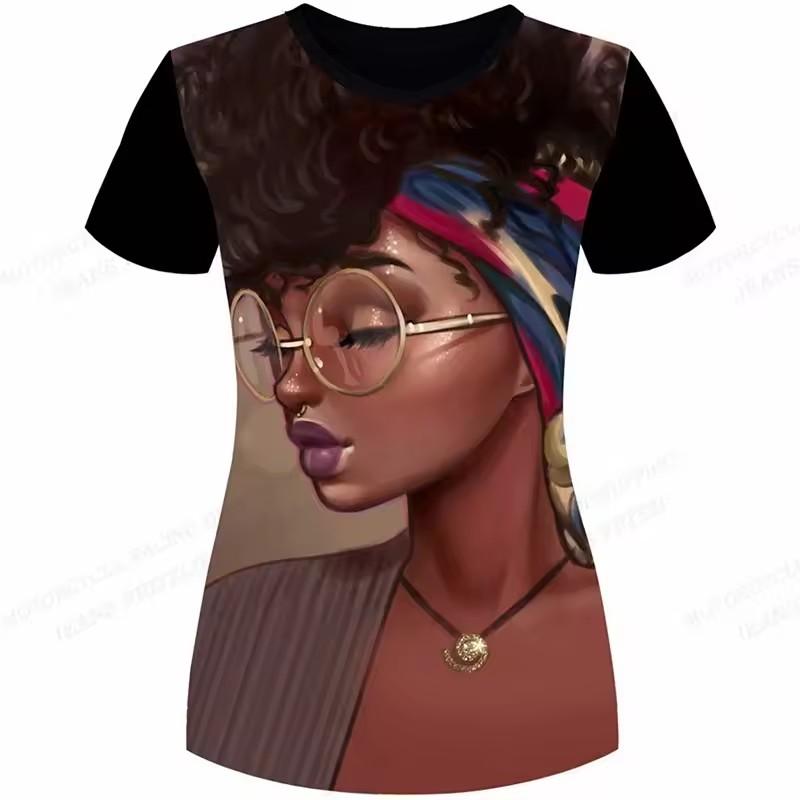 Melanin Girl Natural Hair Pattern T-shirt, women's T-shirt, African casual short-sleeved round-neck top T-shirt