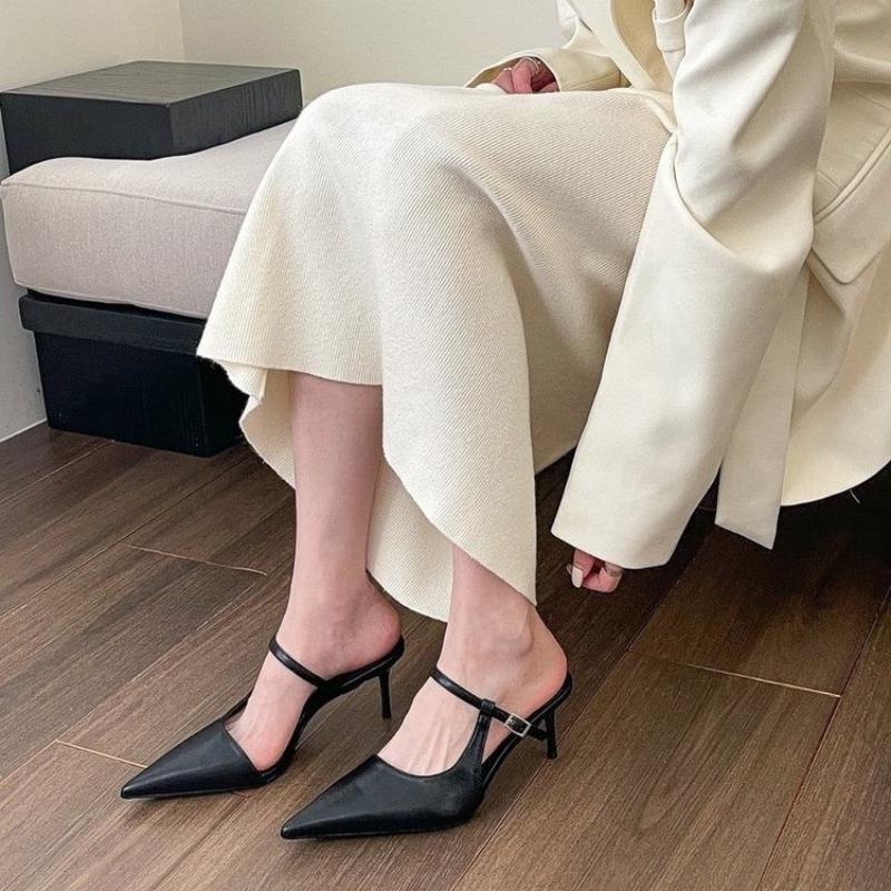 Fashion Women's Slippers Summer New Mid-heeled Pointed Buckle Baotou Sandals Casual Fashion Temperament Slippers with Fine Heels