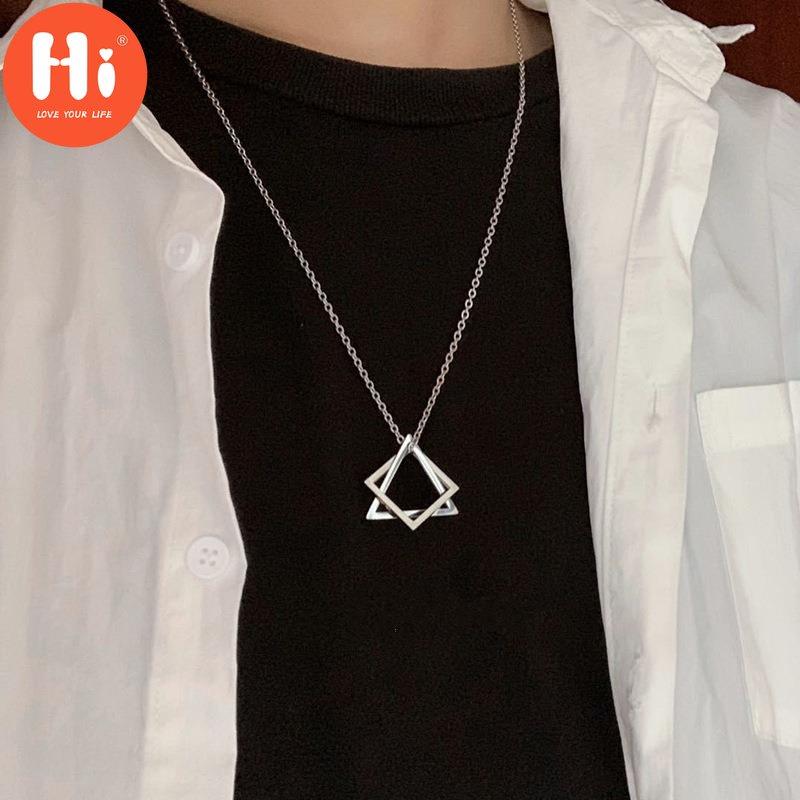 Hi Geometry Interlocking Square Triangle Male Pendant For Men Women Unisex Alloy Modern Trendy Geometric Stacking Streetwear Necklace