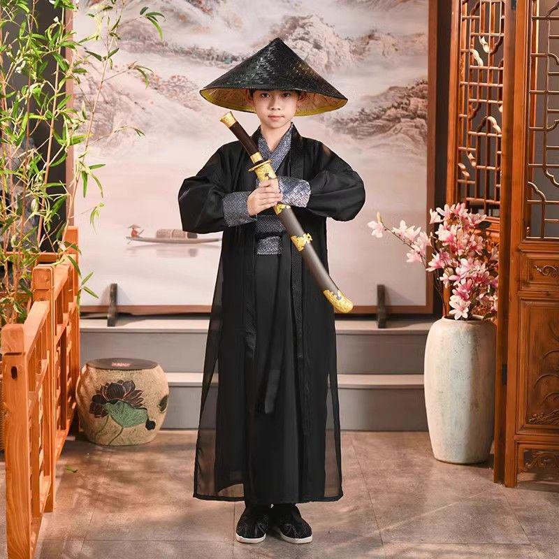 Spring Autumn Boys' Hanfu: Traditional Knight Costume with Bamboo Hat for Performances