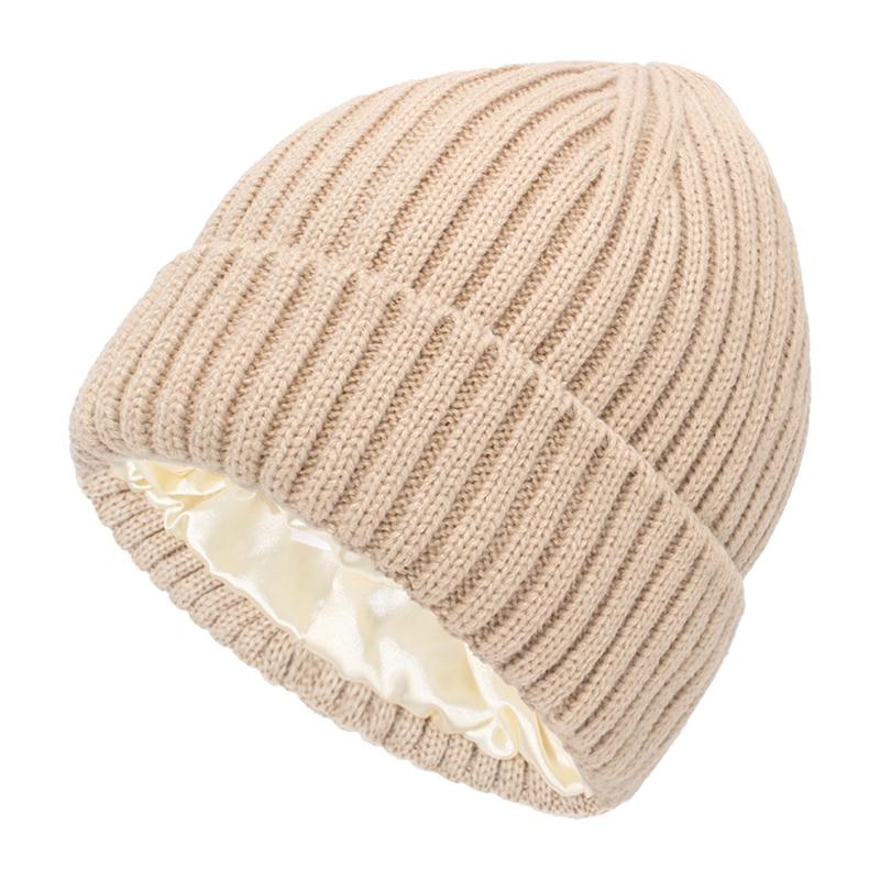 Winter Silk Satin Lined Beanie Hats Women Men Unisex Thick Chunky Cap Striped Warm Soft High Quality Cashmere Knitted Beanie Hat