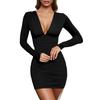 Women's V-neck Sexy Long-sleeved Short Skirt Solid Color High Waist Hip Dress