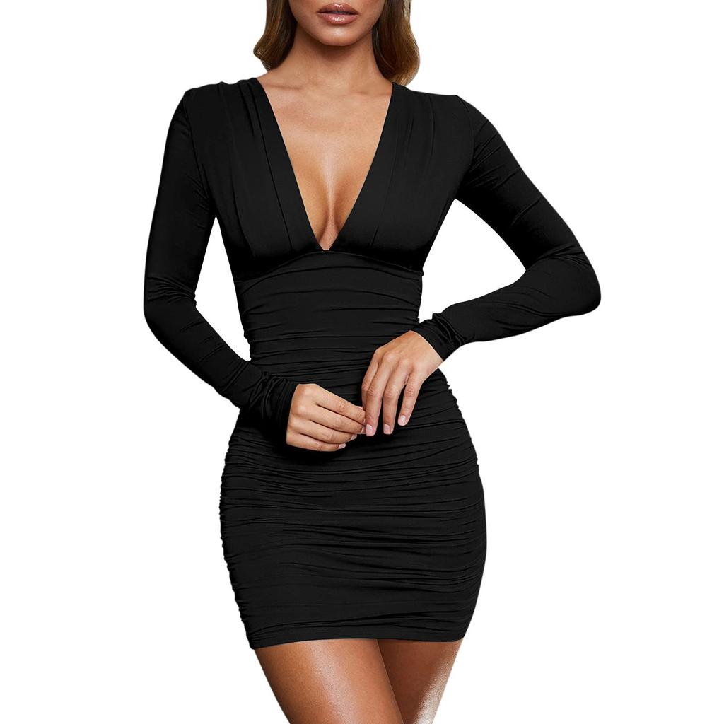 Women's V-neck Sexy Long-sleeved Short Skirt Solid Color High Waist Hip Dress