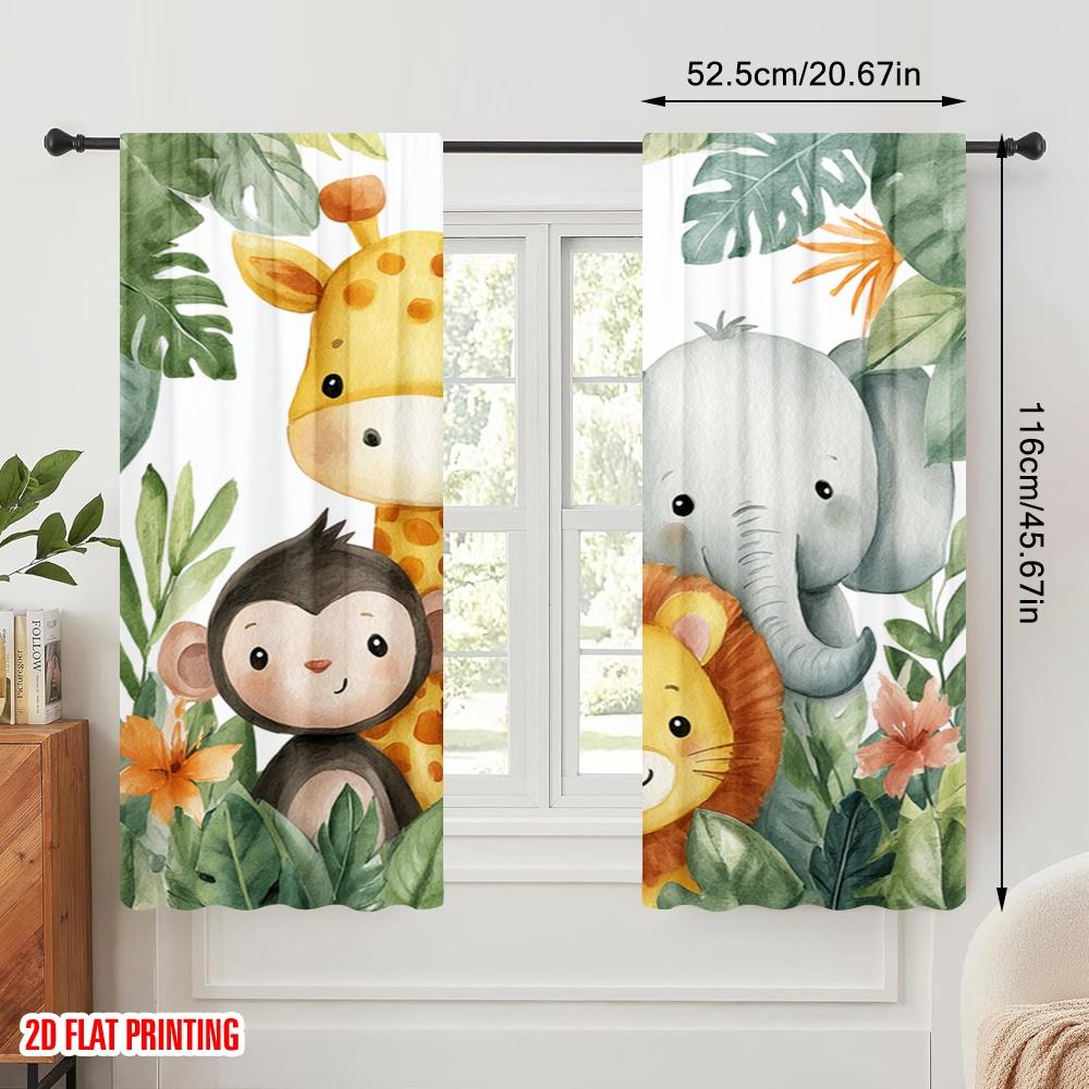 Set Of 2 Flat Printing Window Drapes Cute Safari Animals Watercolor Polyester Without Electricity Family Party Use Living Curtain