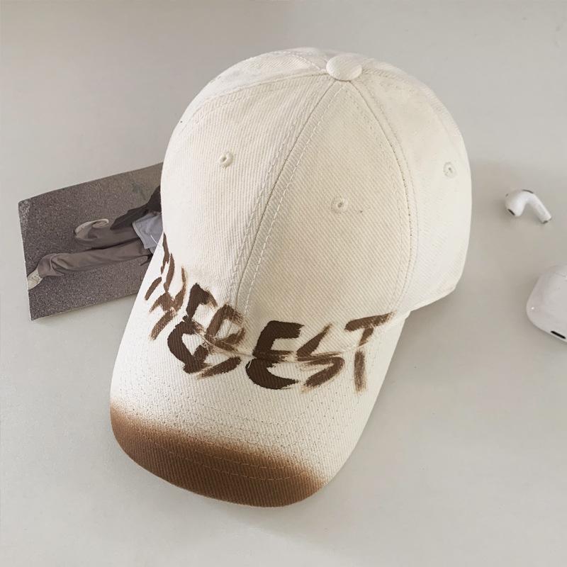 American retro washed distressed letter baseball cap for women with wide brim, suitable for large head sizes, makes the face look smaller, soft top