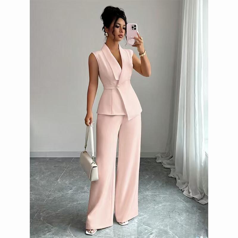 European and American Elegance Solid Color Vest and Straight Leg Pants Set for Women