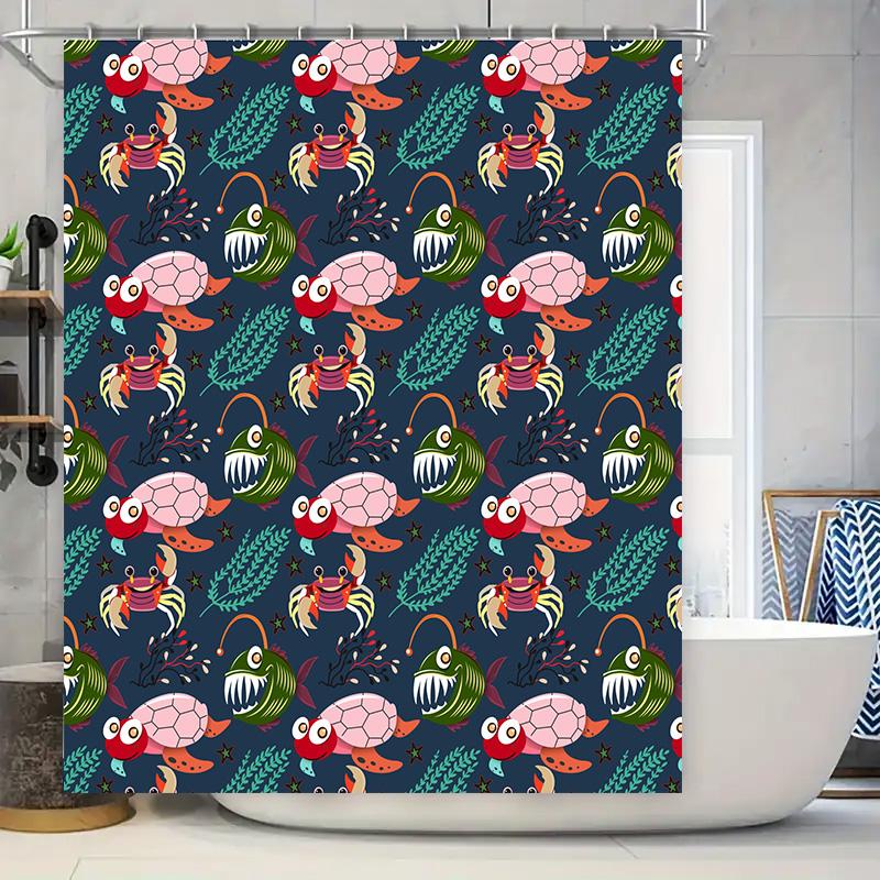 Underwater Friends Bathing Shower Curtain Blue Background with Turtle Crab Design Waterproof Fabric Perfect for Bathroom Decor 90x180cm