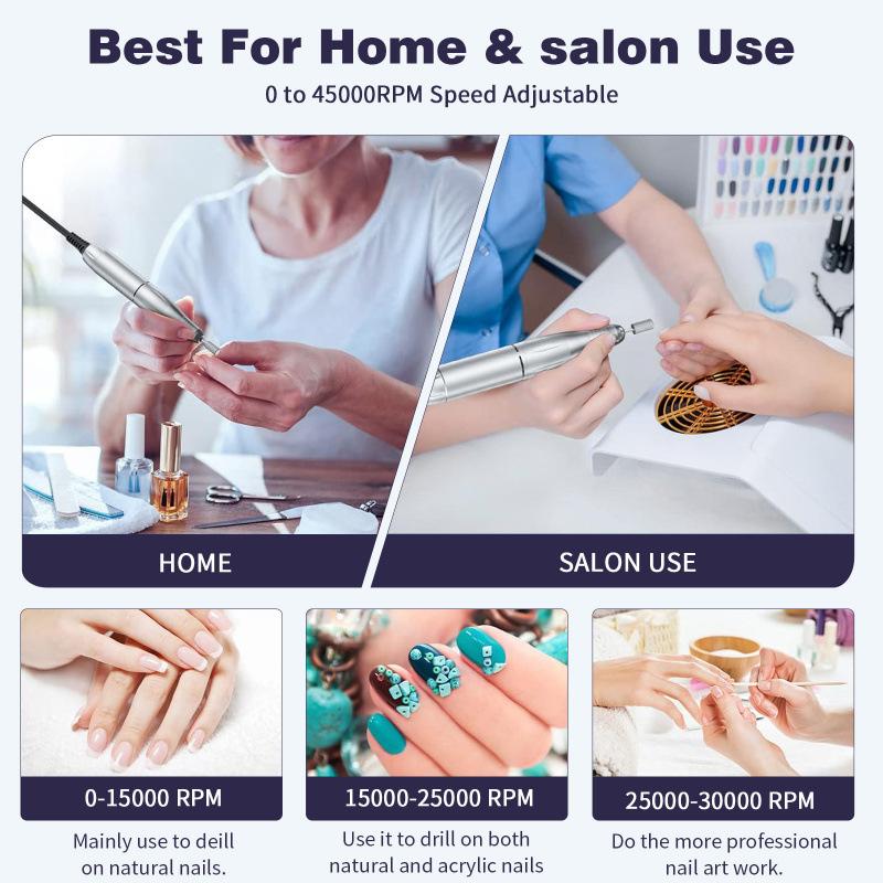 Professional 45000Rpm Electric Portable Nail Drill Machine Rechargeable Low Noise Nail Sander File For Manicure Salon Tool