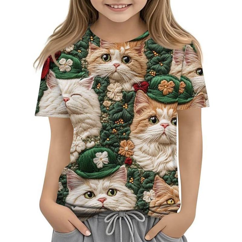 Fashionable Summer Trendy High-quality Four Leaf Clover Pattern Children's Women's Short Sleeved Round Neck T-shirt