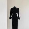High-End Embroidered Velvet Cuff Wool Cheongsam Dress