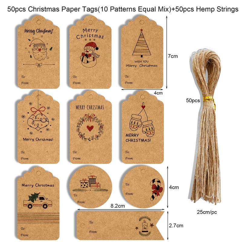 50pcs Merry Christmas Kraft Paper Tags Gift Packaging Decoration Xmas Tree Hanging Label 2024 Navidad New Year Kids Gift Card