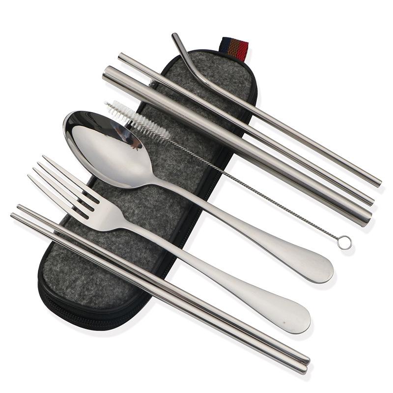 Stainless Steel Portable Tableware Stainless Steel Straw Chopsticks Fork Soup Spoon Combination Set Seven Piece Set Dinner Set