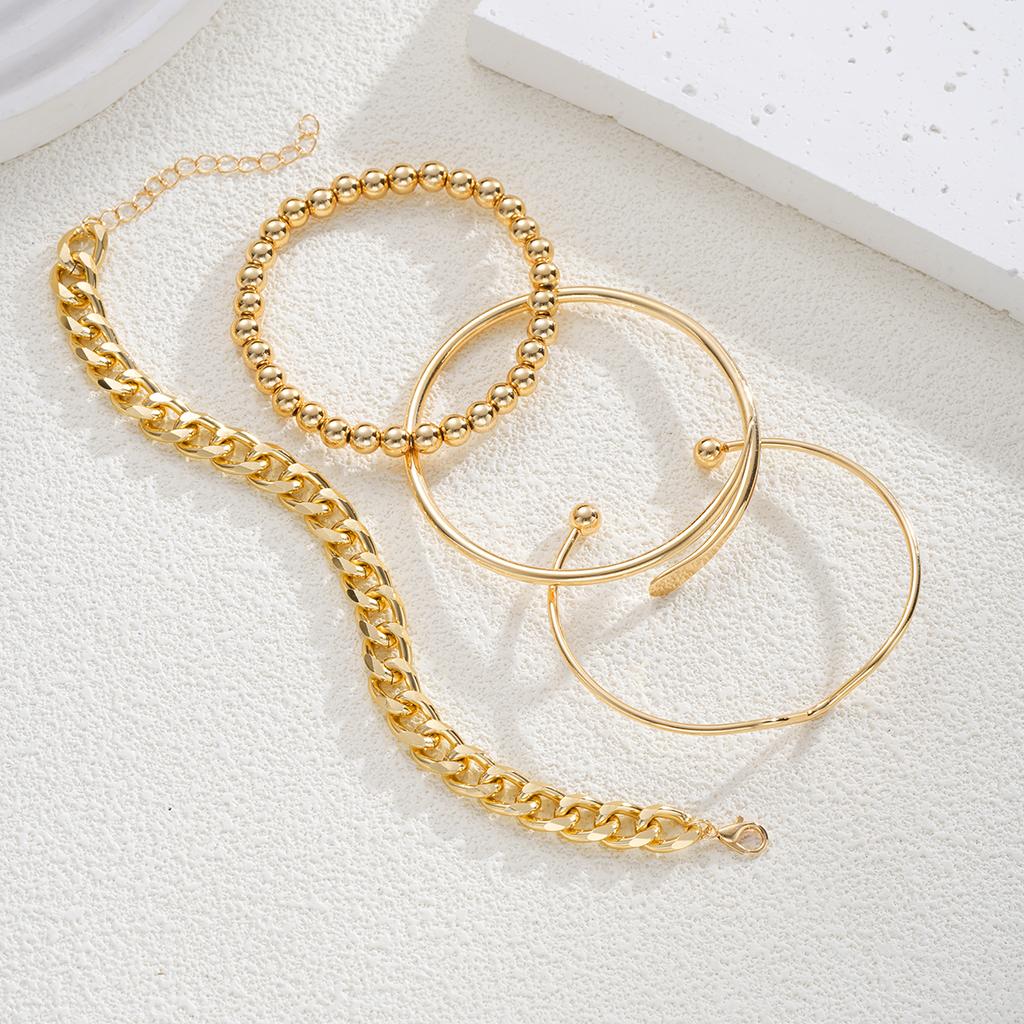 4Pcs Gold Geometric Bracelet Set For Women Minimalist Open Cuff Bangle Cuban Link Beaded Bracelets Trendy Stackable Jewelry Gift