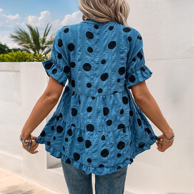 Damen Neues Sommer Lockeres Puppenhemd Fledermausärmel V-Ausschnitt Polka Dot Hemd