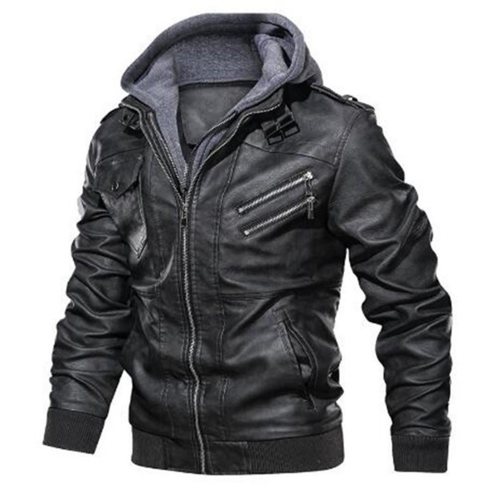 Men's Leather Retro Motorcycle PU Leather Jacket Autumn and Winter Removable Men's Hooded Jacket