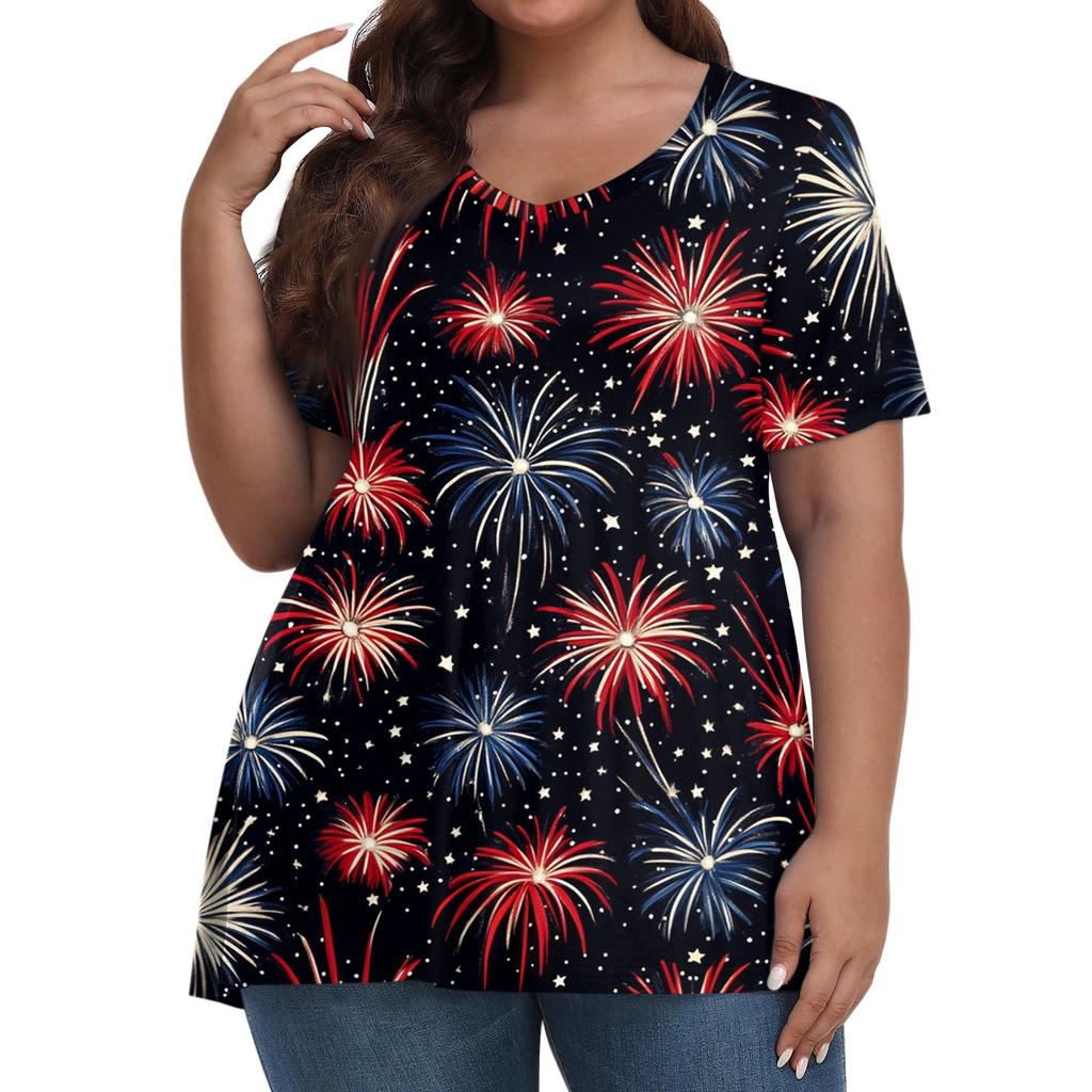 Damenmode Lässig V-Ausschnitt Pullover Kurzarm Übergröße Bedrucktes T-Shirt Top