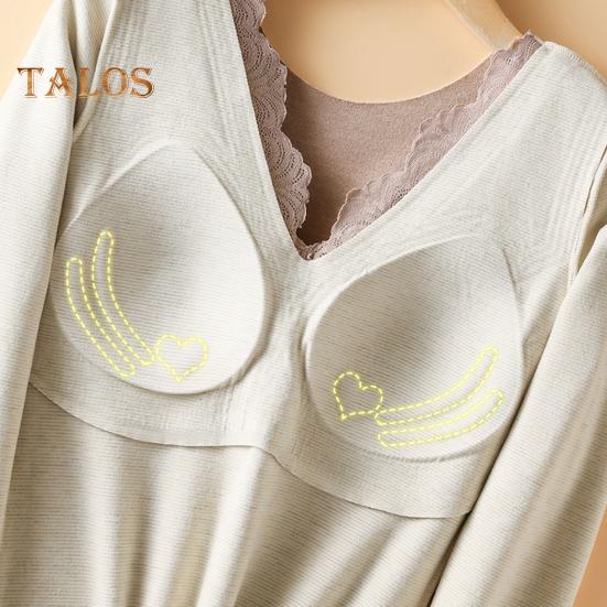 Thermal Bottoming Tops with Built-in Chest Pads DE Velvet Double Layer Warmth Long Sleeve Pullover Tops Solid Color Winter Inner Outer Wear