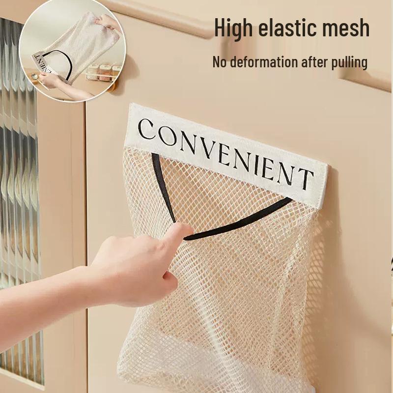 Wall-Mounted Kitchen Trash Bag Organizer with Velcro Mesh Pocket