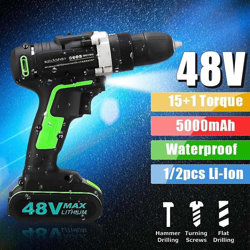 

AC 100-240В 48В Бесщеточная аккумуляторная электрическая дрель Двухскоростная 15+1 крутящий момент Светодиодная подсветка 5000 мАч 2 аккумулятора Перезаряжаемая