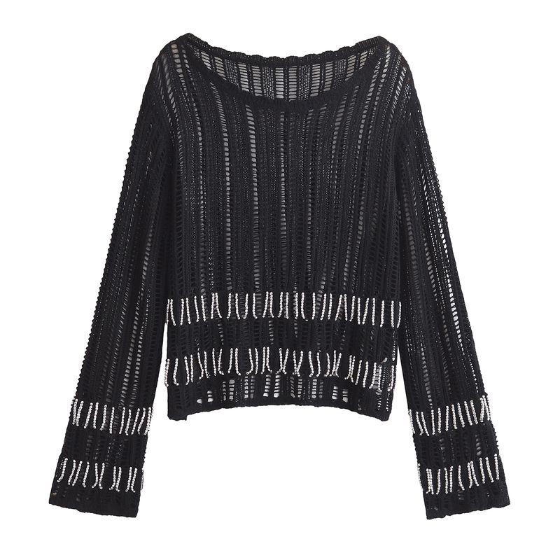 Kaslead New Arrival Women's Fashion Style Cut Out Beaded Mesh Plain Weaving Knitting Tops 4813808
