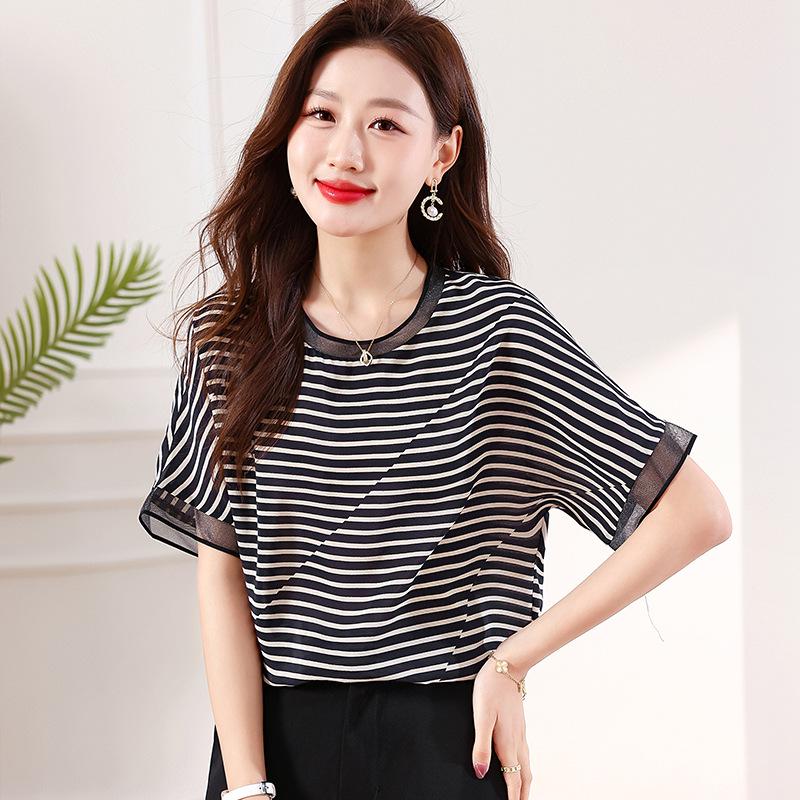 Women's Plus Size Striped Silk Short-Sleeve T-Shirt - 2024 Slimming Summer Fashion Top