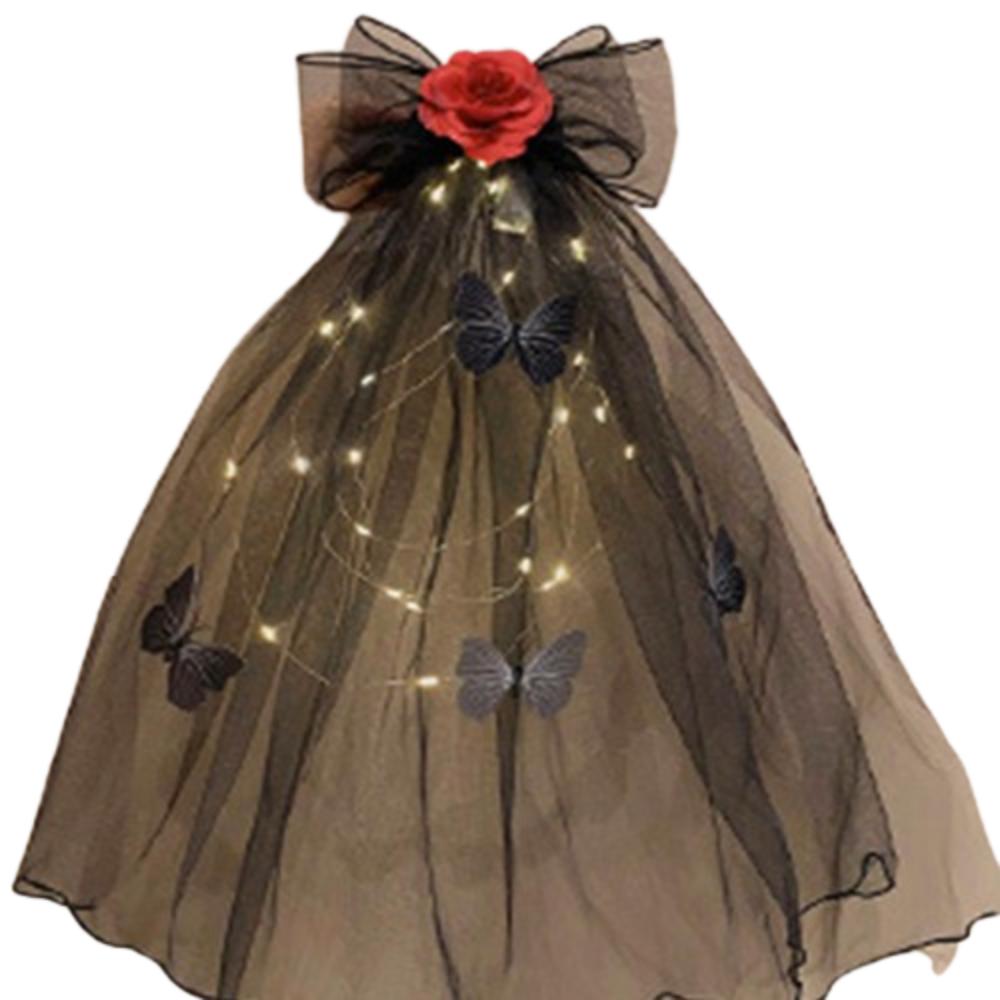Gothic Style Luminous Head Crown Lace Veil Rose Hair Hoop Halloween Veil Headband  Holiday Decor