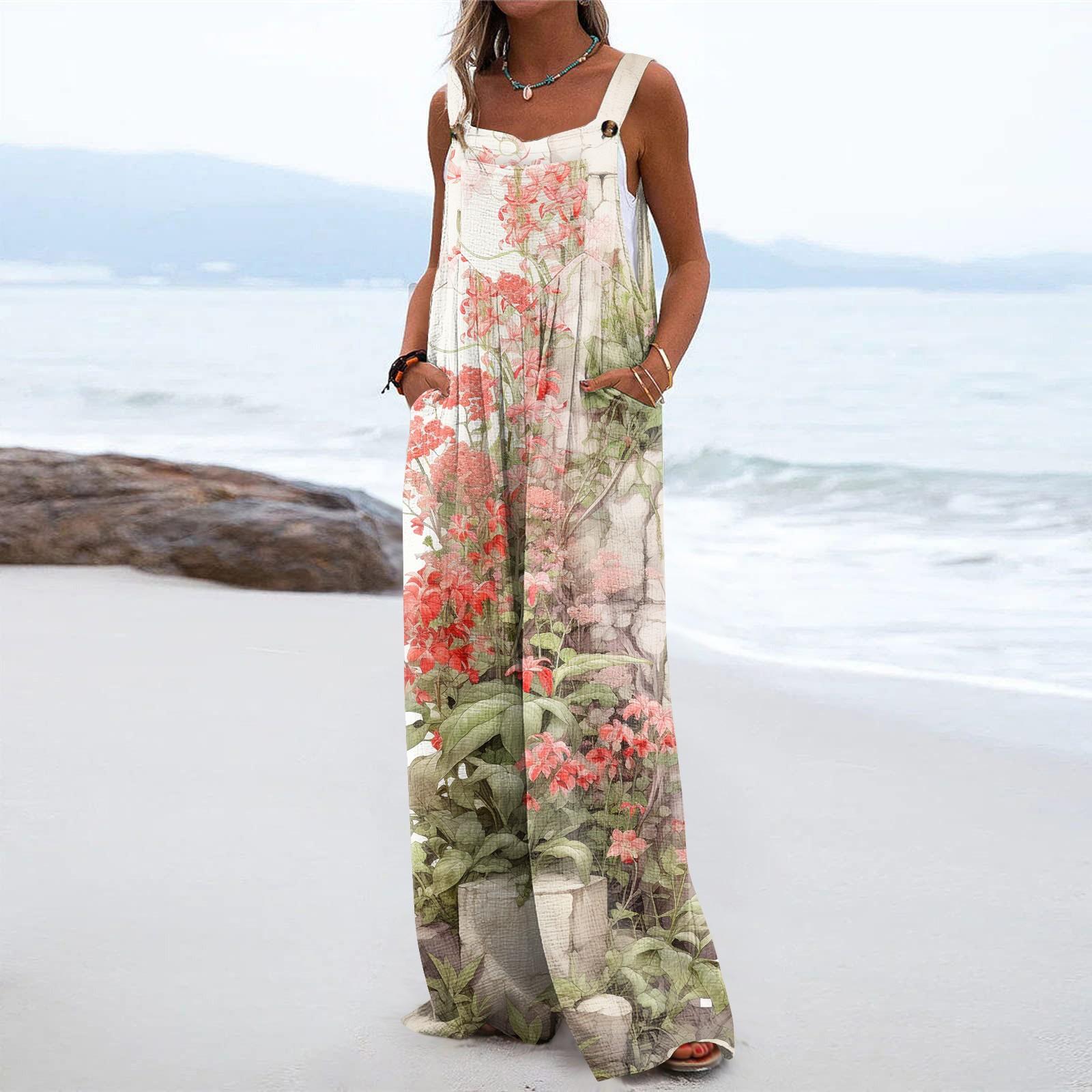 

Женский комбинезон с широкими штанинами, повседневный свободный комбинезон без рукавов, длинные брюки с длинными брюками и карманами на пуговицах с обычным принтом L розовый