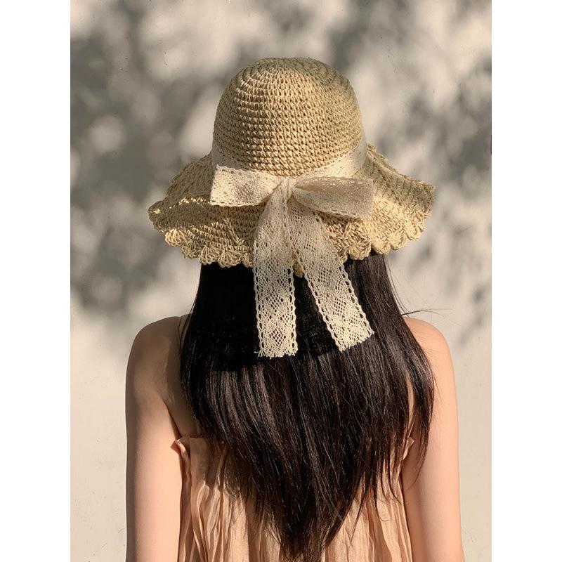 Handwoven bow hat women's summer outdoor Sanya seaside beach sunshade sunscreen big eaves bucket hat