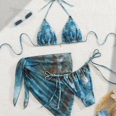Set Bikini da Donna Vintage a Fiori Stile Grembiule Tre Pezzi Costume da Bagno a Vita Alta Costume da Bagno per Vacanze al Mare